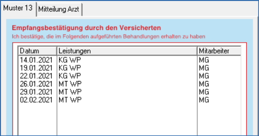 Liste erbrachte Mehrfachleistungen