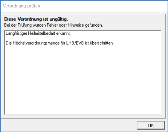 Infofenster Prüfung fehlerhaft