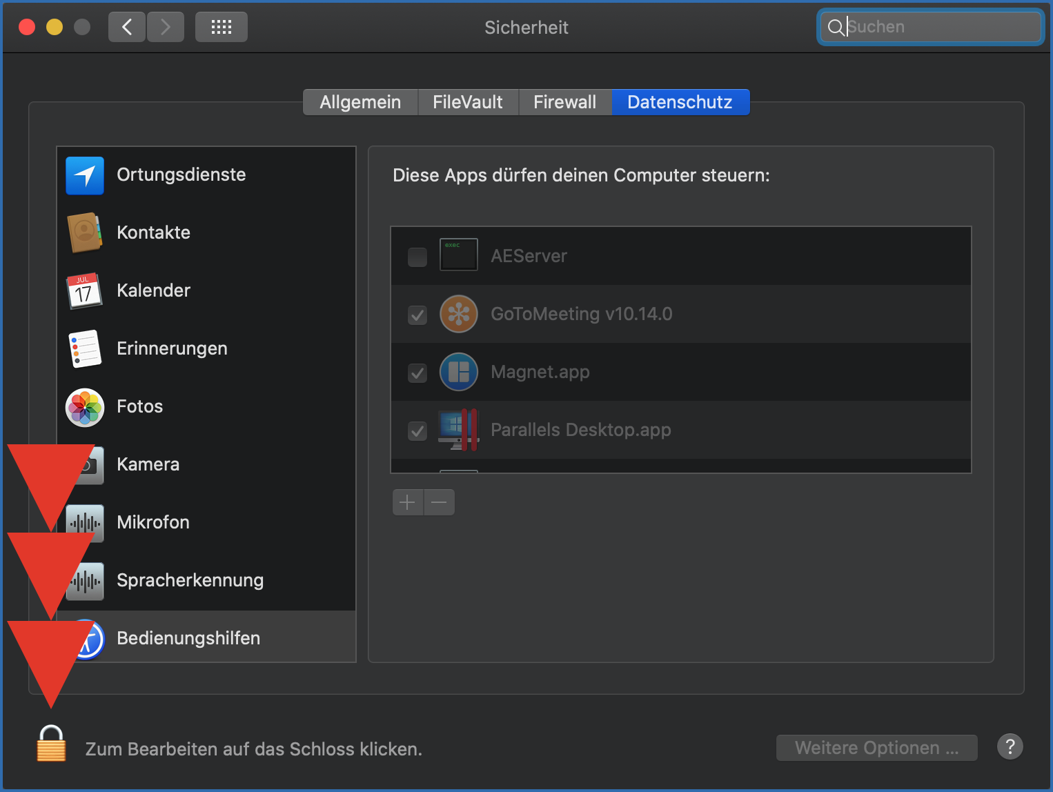 Sicherheit Bedienungshilfen