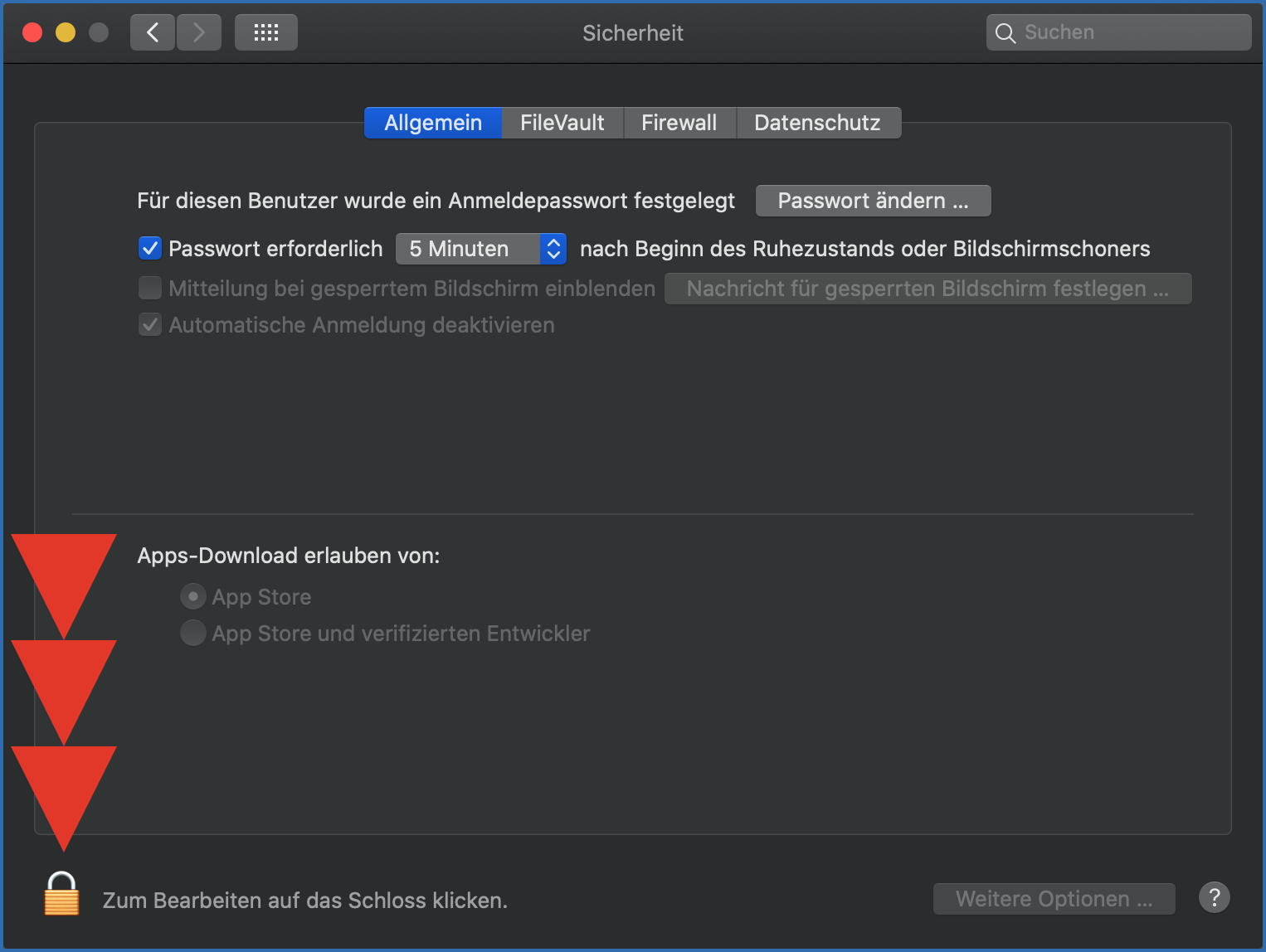 Sicherheit Allgemein gesperrt