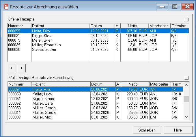 Rezepte für die Abrechnung auswählen