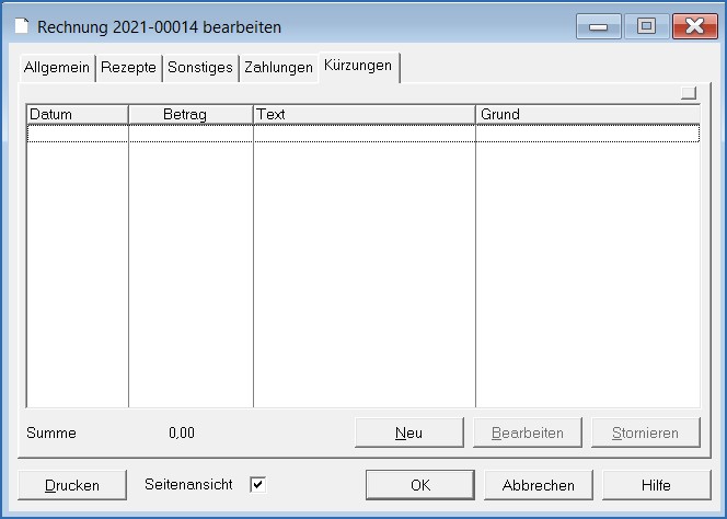 Rechnung bearbeiten Kürzungen
