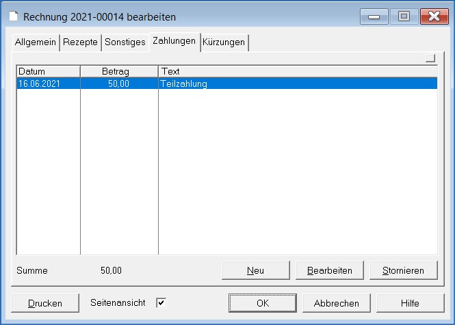 Rechnung bearbeiten Zahlungen