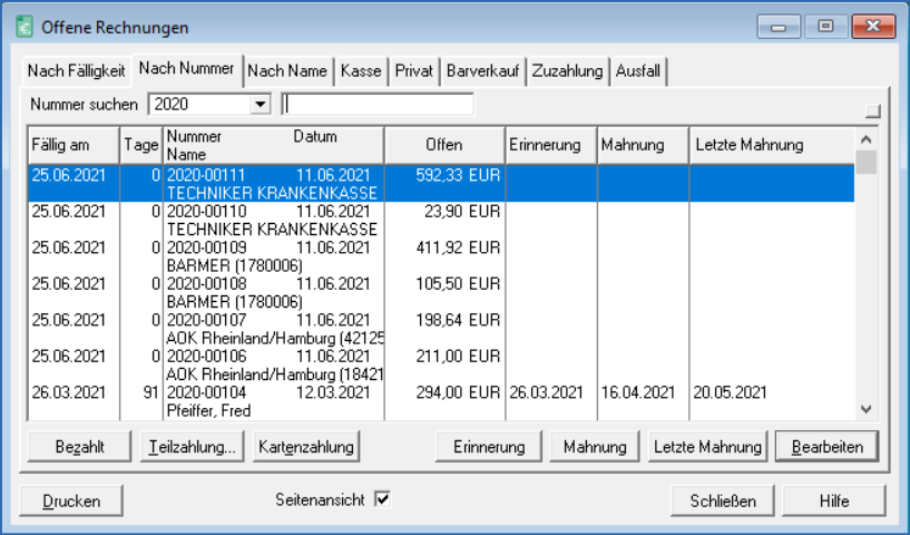 Fenster offene Rechnungen nach Nummer