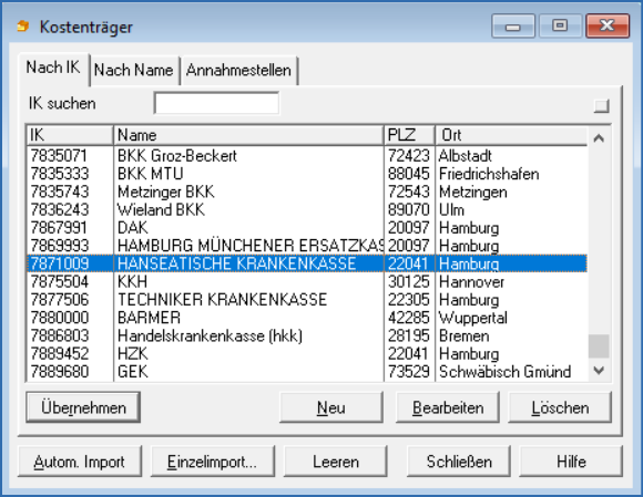 Fenster Verzeichnis Kostenträger