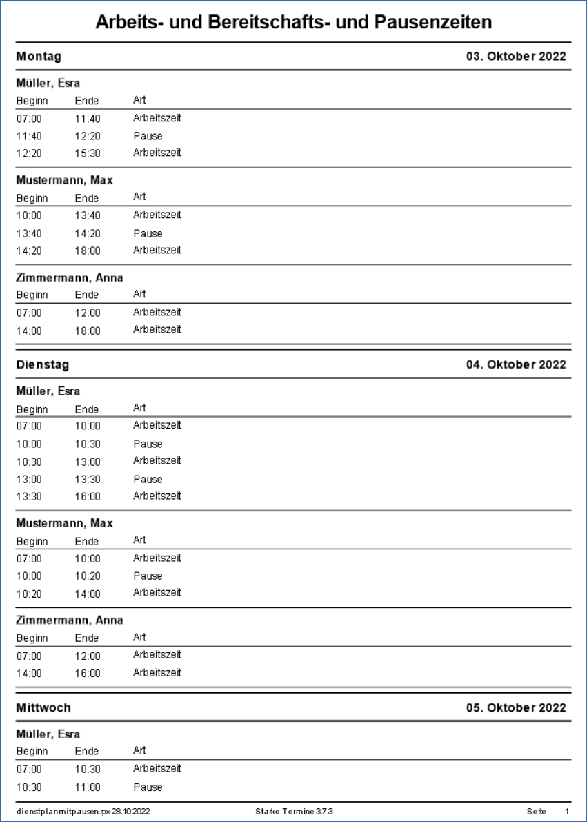 Dienstplan mit Pausen