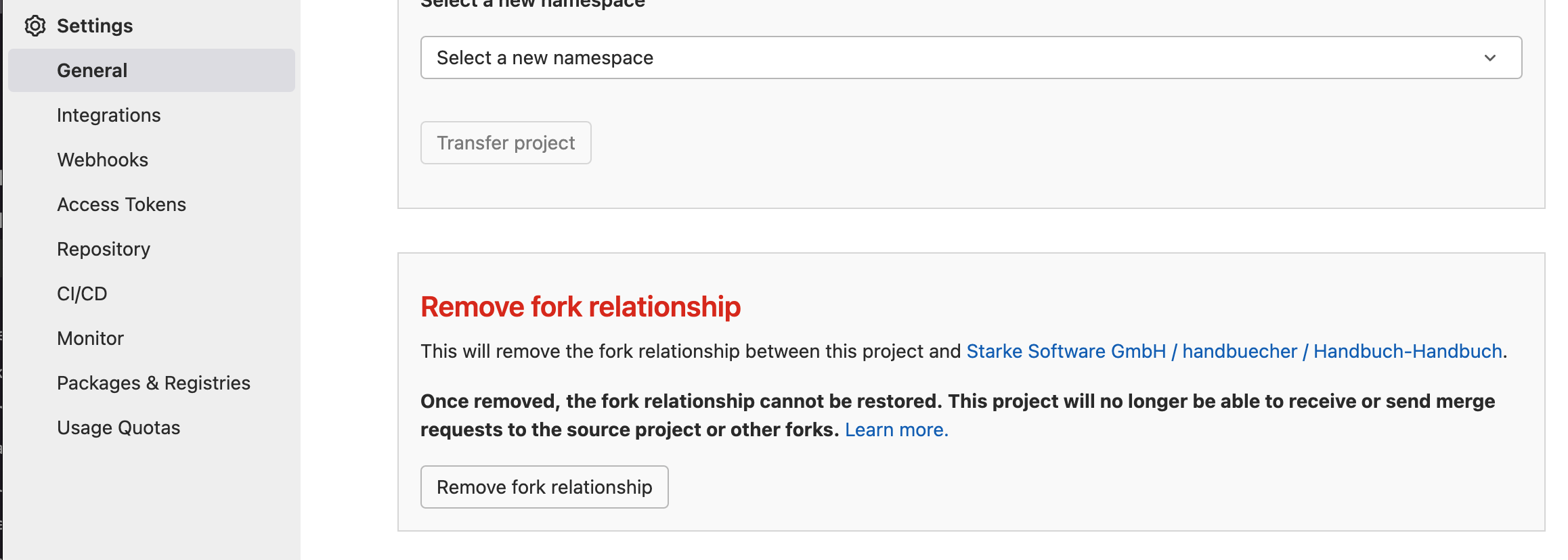Fork Beziehung entfernen