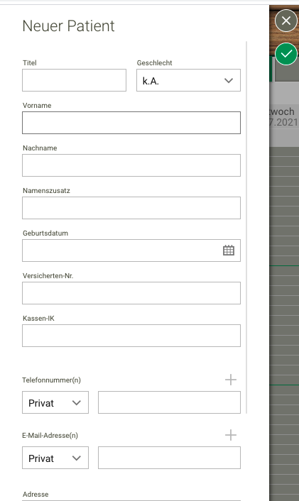 Screenshot Backoffice Kontakte neuer Patient