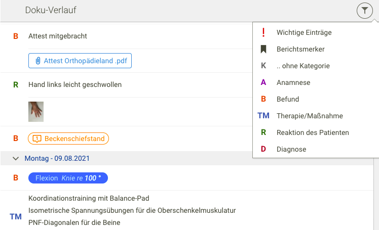 Screenshot Frontoffice Dokumentation Kategorien filtern