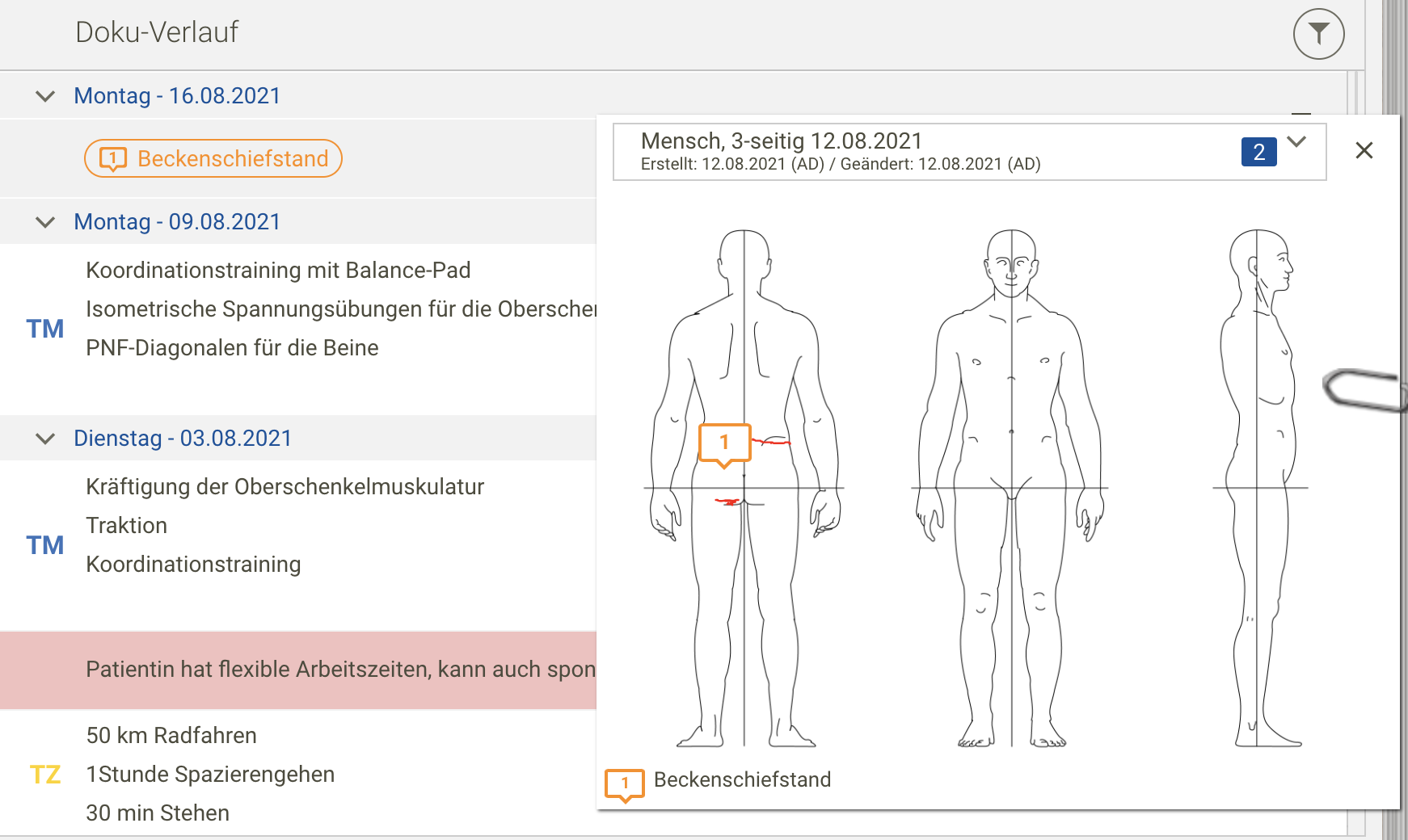 Screenshot Frontoffice Dokumentation Lokalisation Dokueintrag graphischer Befund