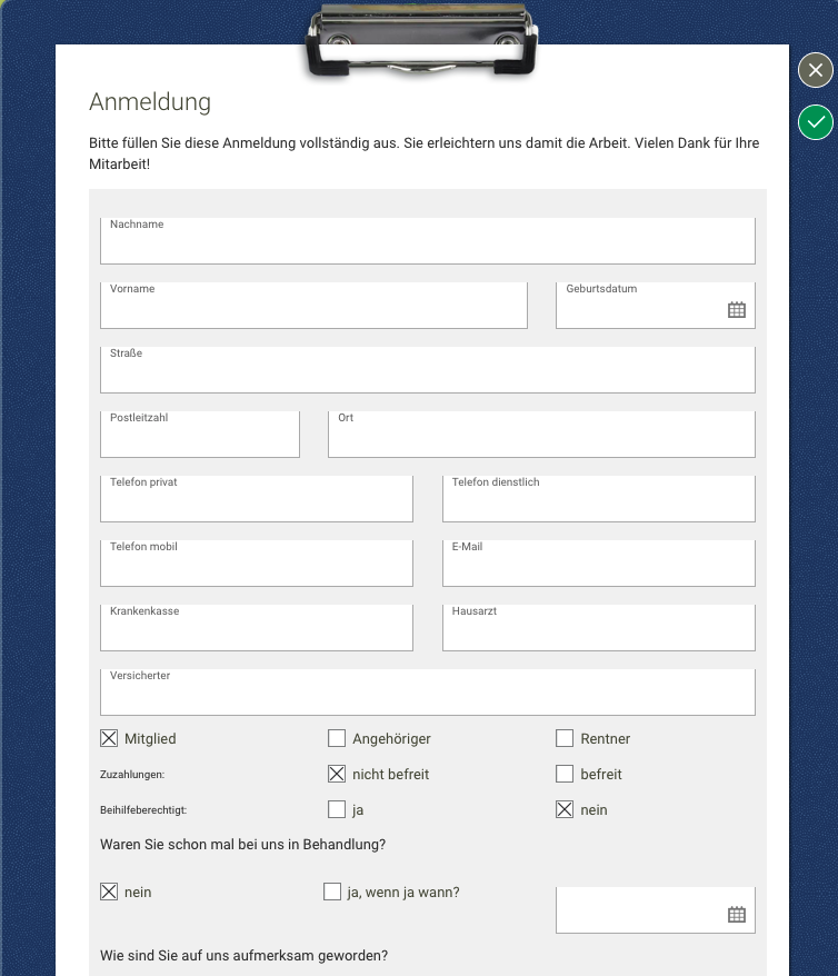 Screenshot Frontoffice Formularschublade Anmeldeformular