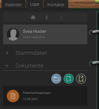 Screenshot Frontoffice Formularschublade Patientenfragebogen Backoffice