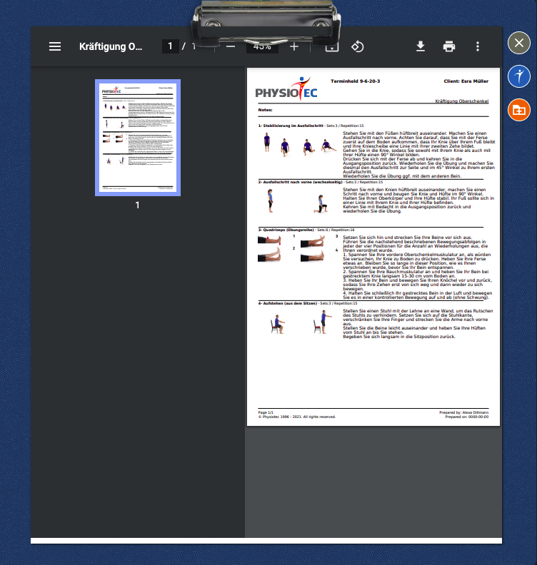 Screenshot Frontoffice Formularschublade PhysioTec Backoffice bearbeiten