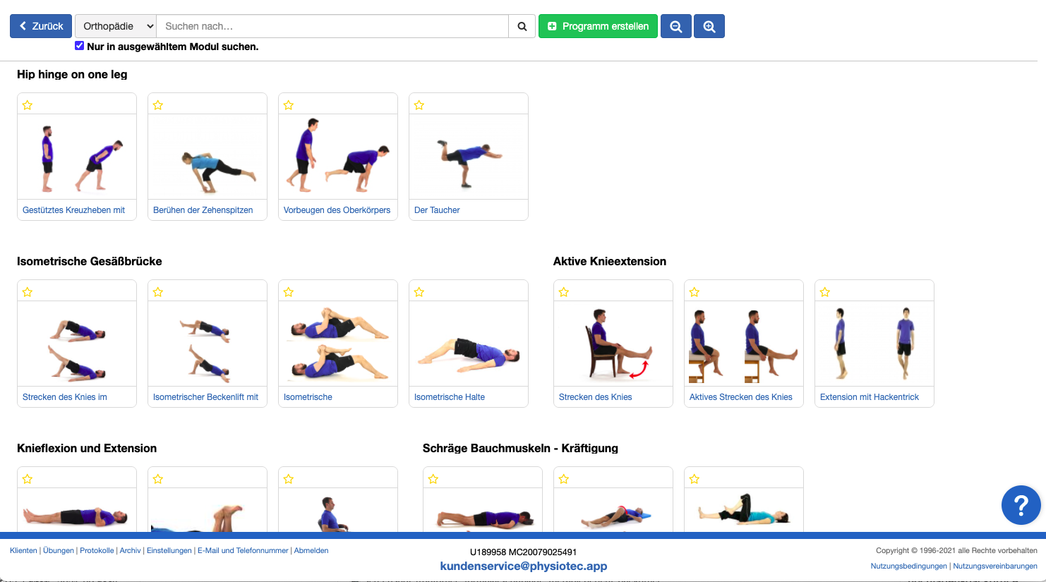Screenshot Frontoffice Formularschublade PhysioTec Überblick Übungen 3