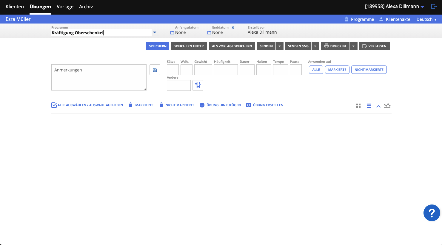 Screenshot Frontoffice Formularschublade PhysioTec Überblick Übungen 1