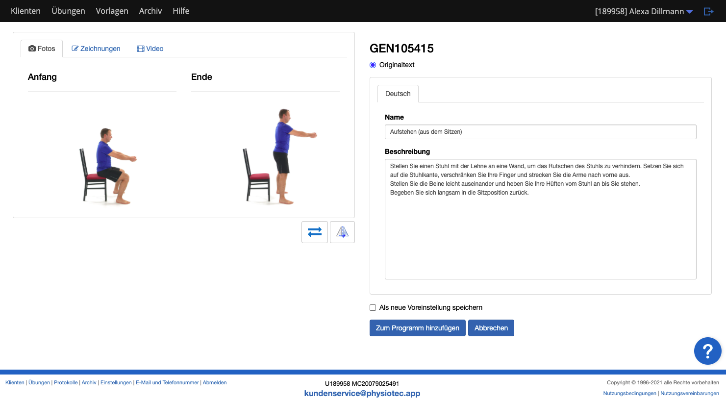 Screenshot Frontoffice Formularschublade PhysioTec Überblick Übungen 5