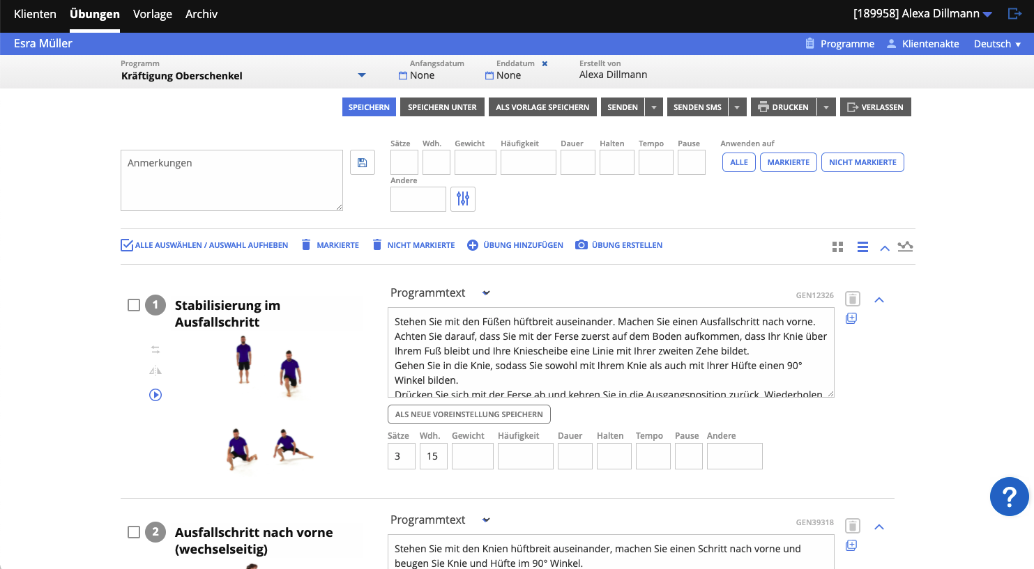 Screenshot Frontoffice Formularschublade PhysioTec Überblick Übungen 4