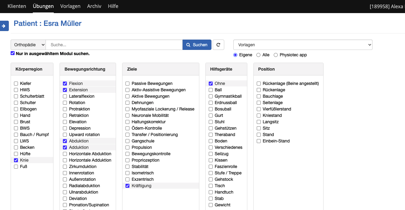 Screenshot Frontoffice Formularschublade PhysioTec Überblick Übungen 2