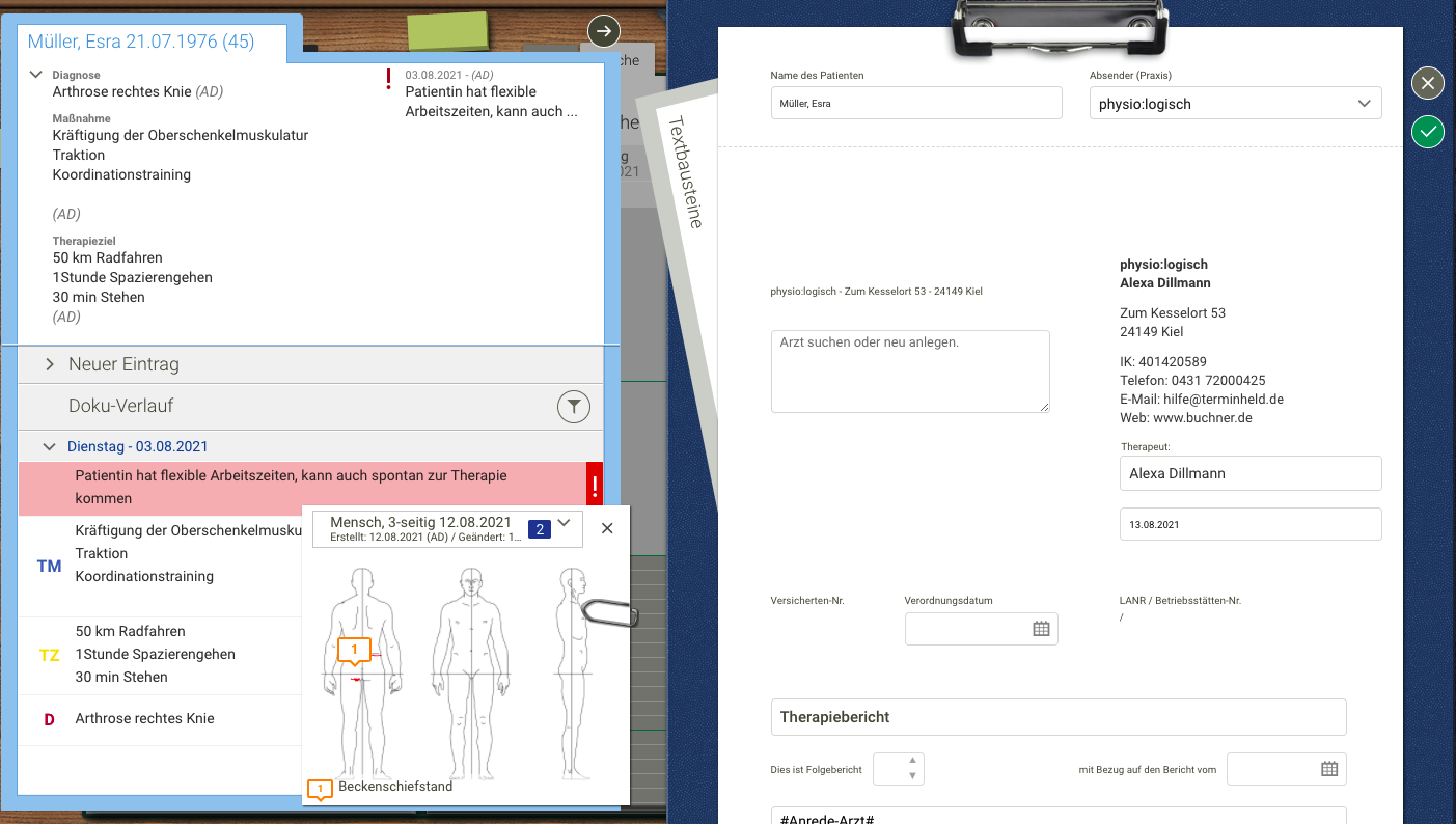 Screenshot Frontoffice Formularschublade Therapiebericht mit Akte
