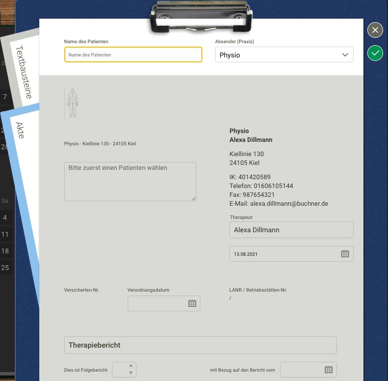 Screenshot Frontoffice Formularschublade Therapiebericht-Vorlage