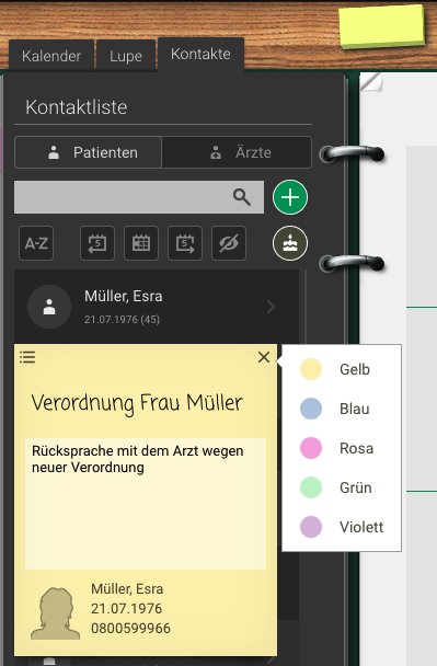 Screenshot Frontoffice Haftnotiz Kontakt