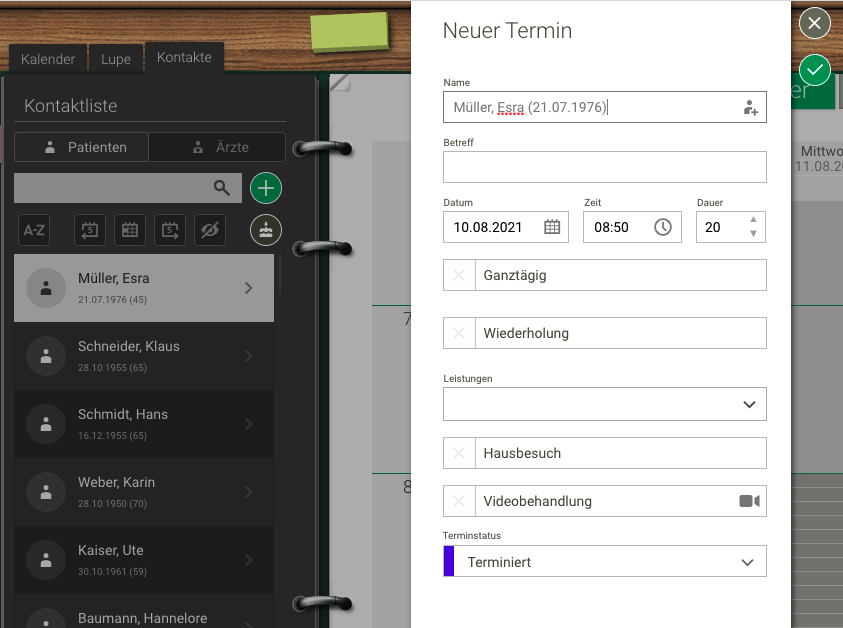 Screenshot Frontoffice Termine Kontaktliste