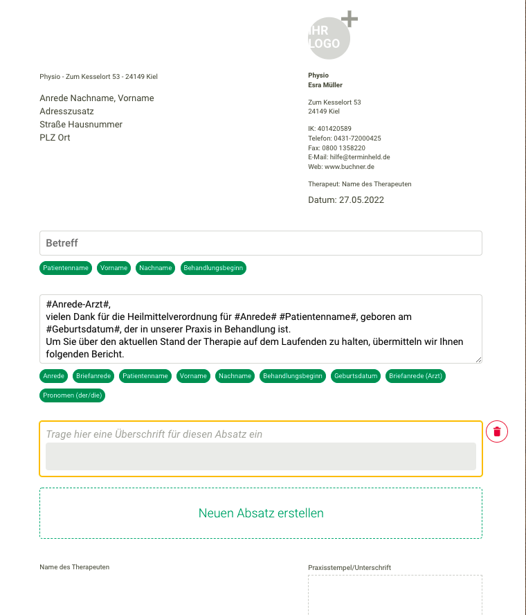ScreenshotMenü Dokumnetation Formulare Therapiebericht erstellen