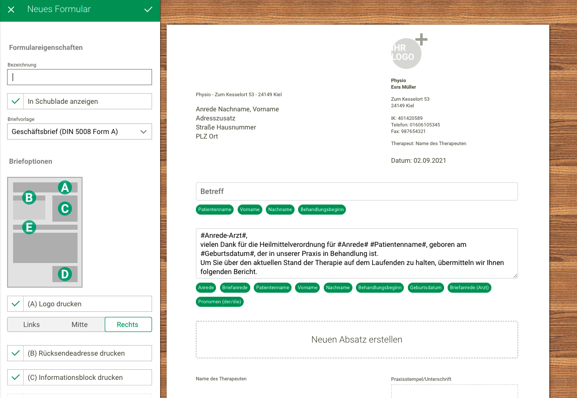 Screenshot Menü Dokumentation Formulare Therapiebericht erstellen