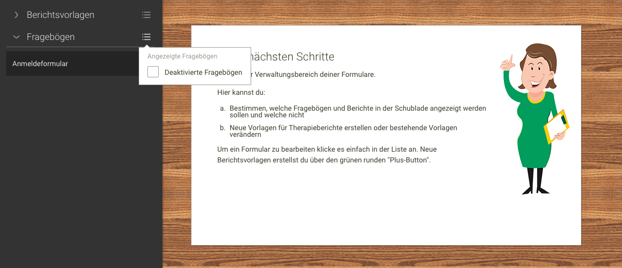 Screenshot Menü Dokumentation Formulare Fragebogen aktivieren