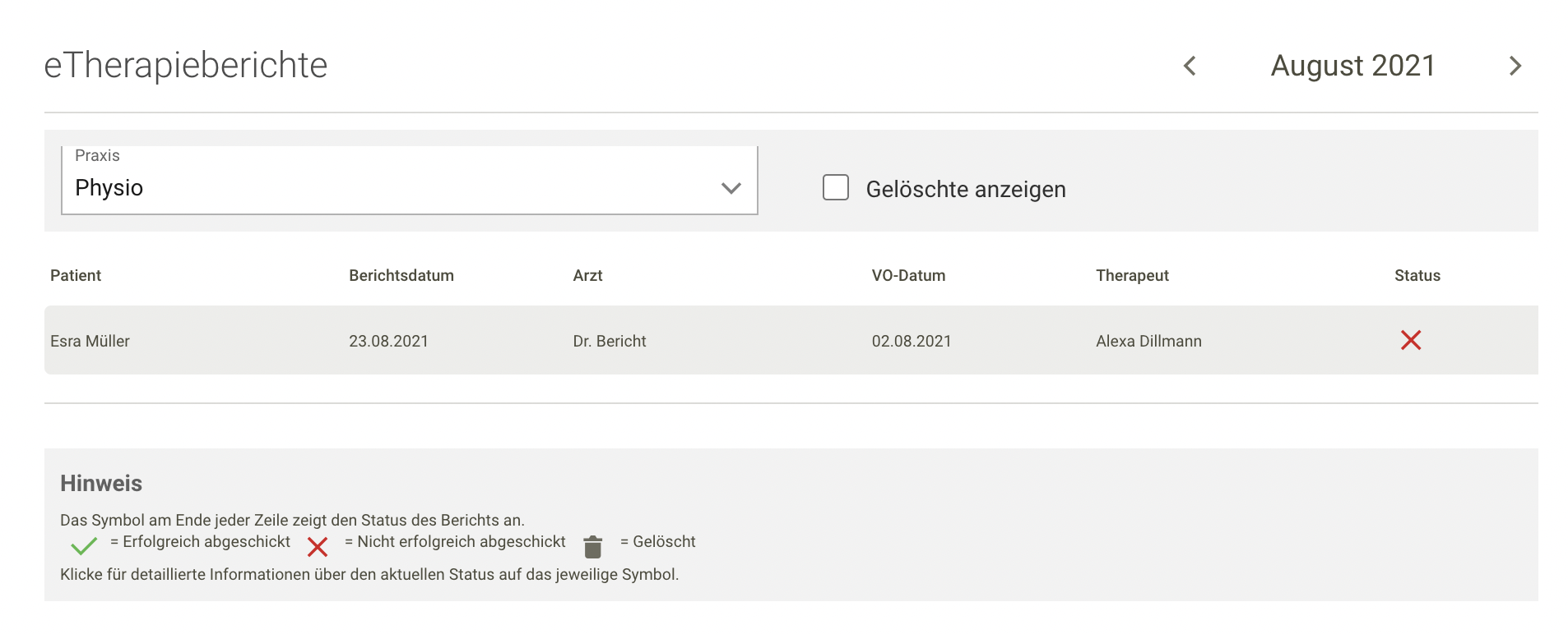 Screenshot Menü eTherapiebericht Übersicht