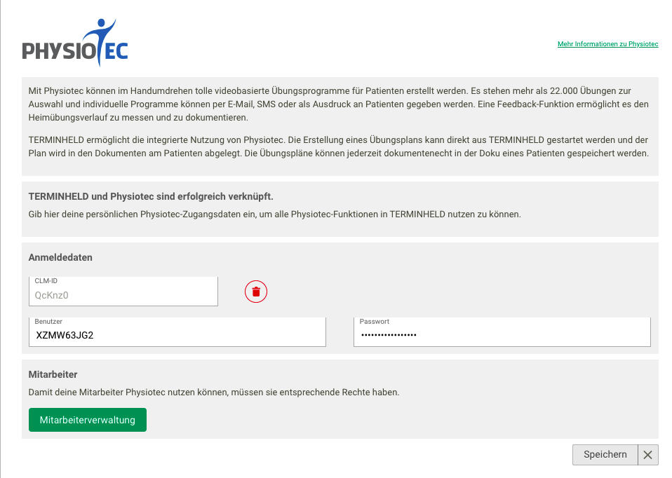 Screenshot Menü Erweiterungen PhysioTec-Anmeldung