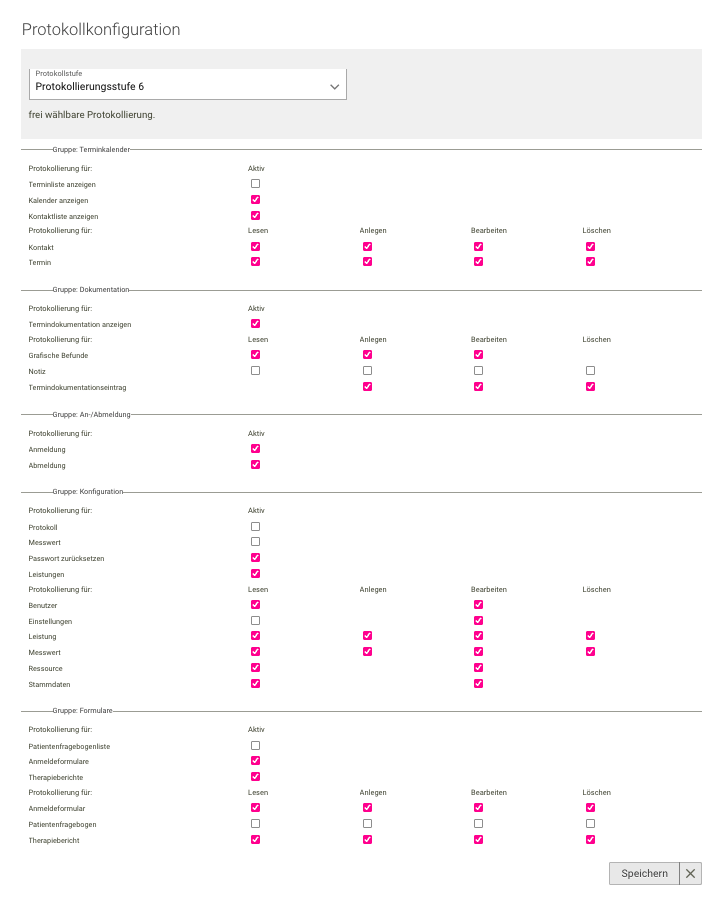 Screenshot Menü Praxisverwaltung Protokoll-Einstellungen Protokollierungsstufe