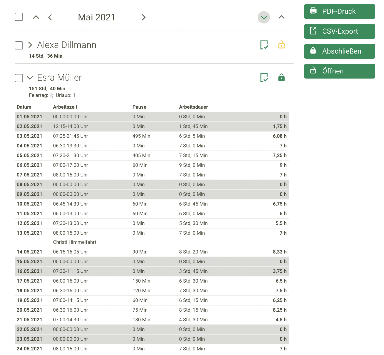 Screenshot Menü Stundenzettel einsehen