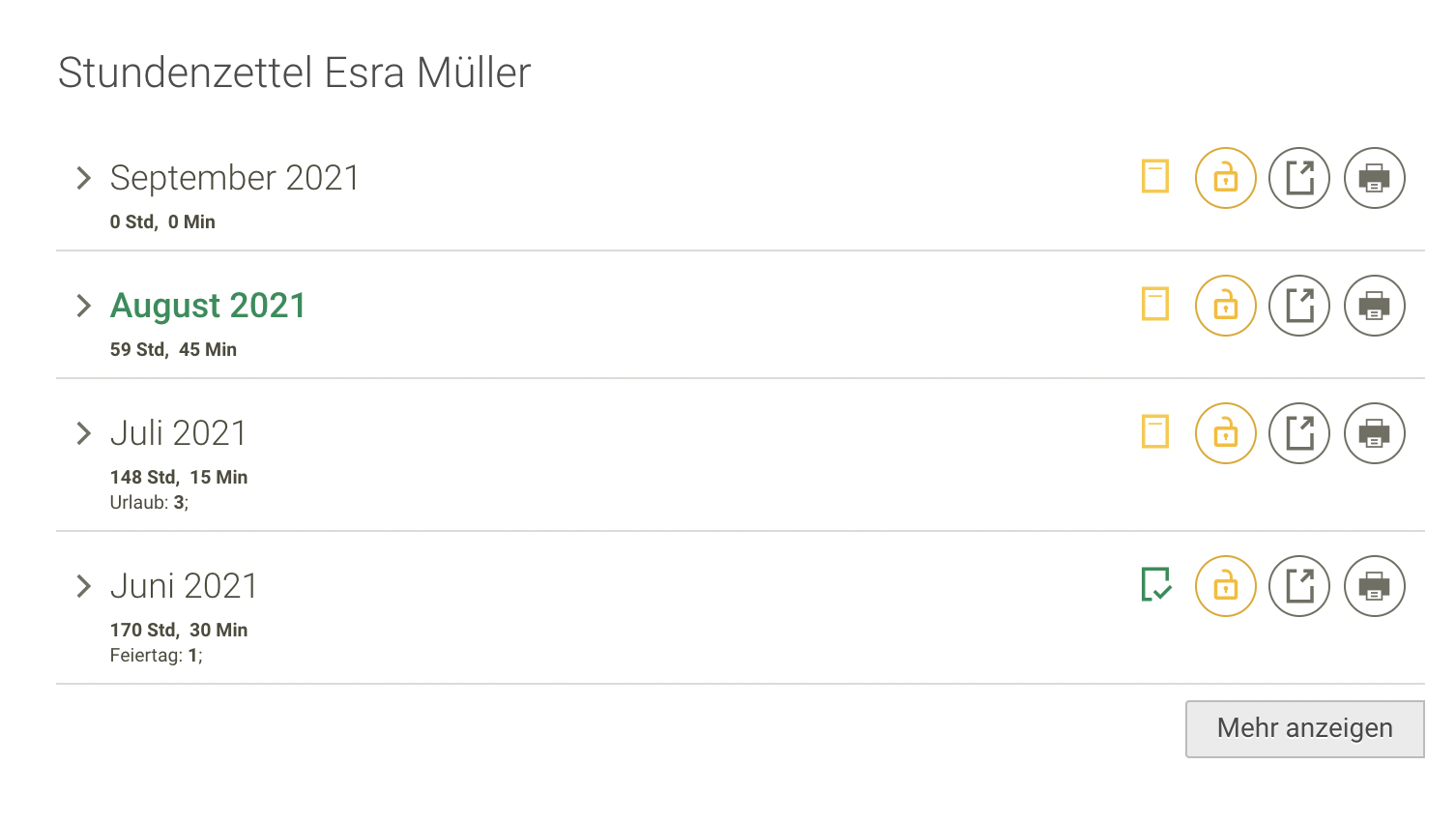 Screenshot Menü Stundenzettel Mitarbeiterübersicht