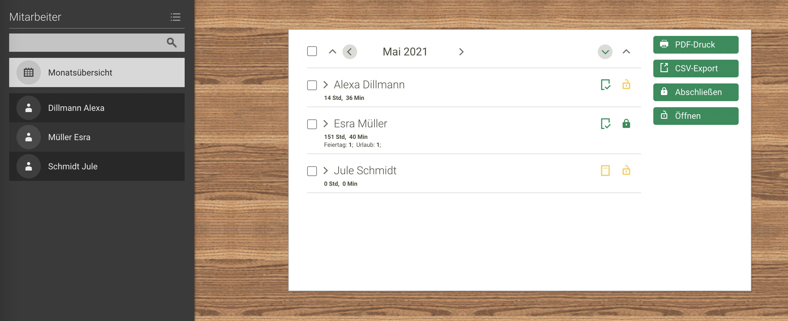 Screenshot Menü Stundenzettel Übersicht